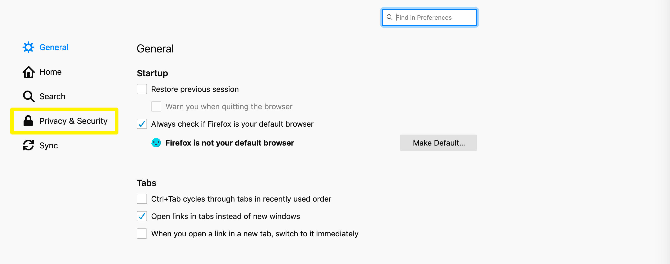 Ve a la configuración de privacidad y seguridad de Firefox.