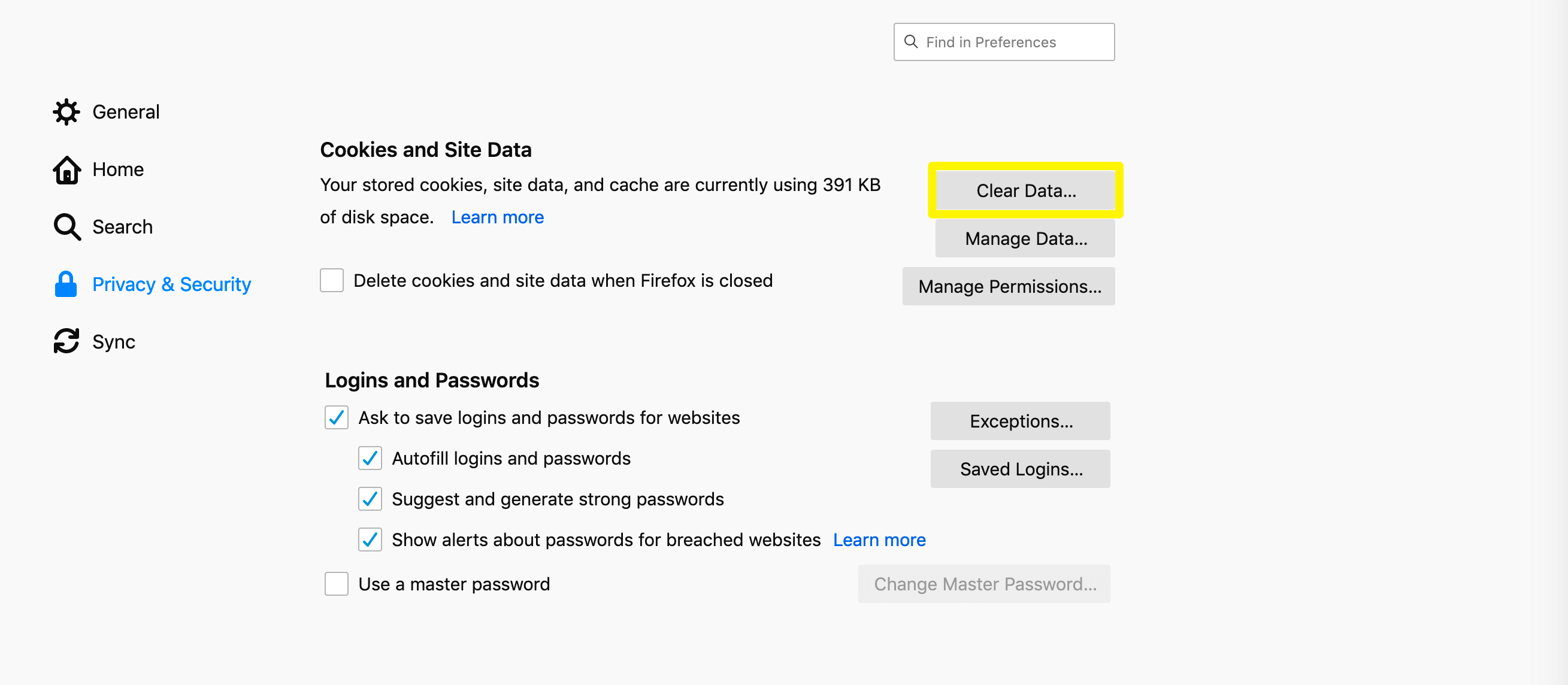 Seleccionando Borrar datos en Firefox.