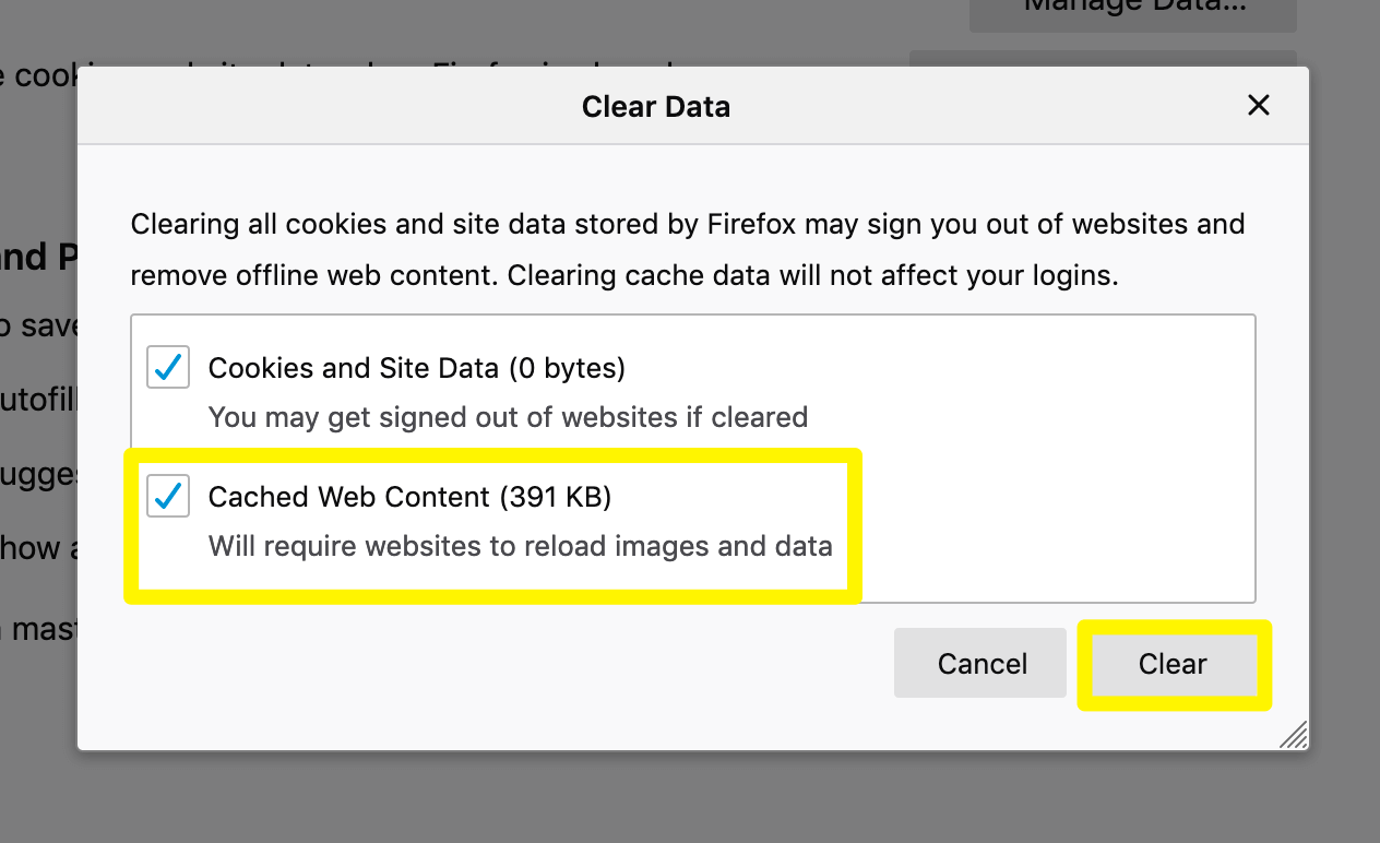 Seleccionando borrar caché del navegador en Firefox.