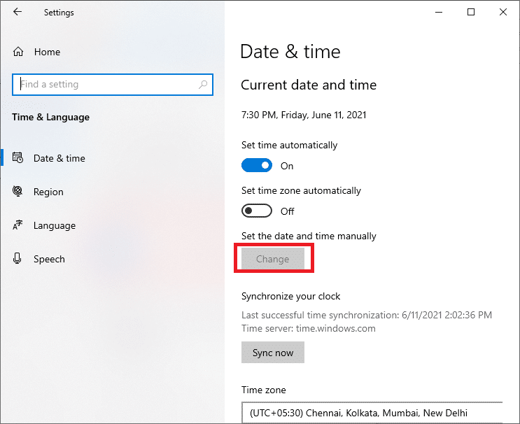 Cambie la fecha y la hora haciendo clic en Cambiar.  Solucionar el error 5005 de Hulu en Windows 10