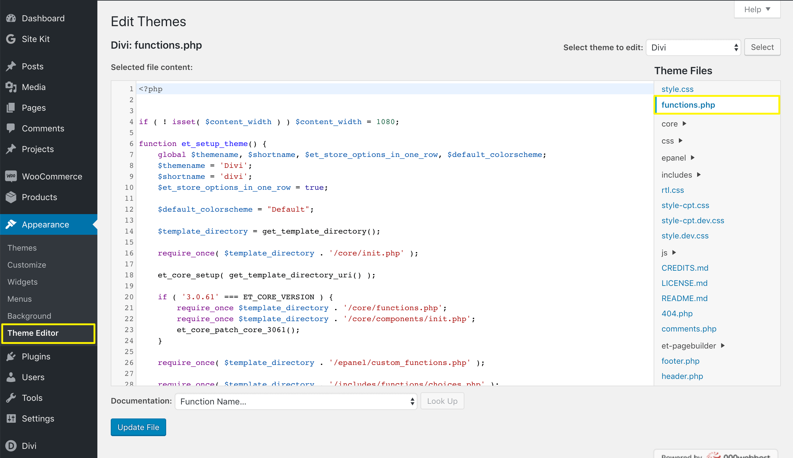 Accediendo a functions.php desde el editor de temas.