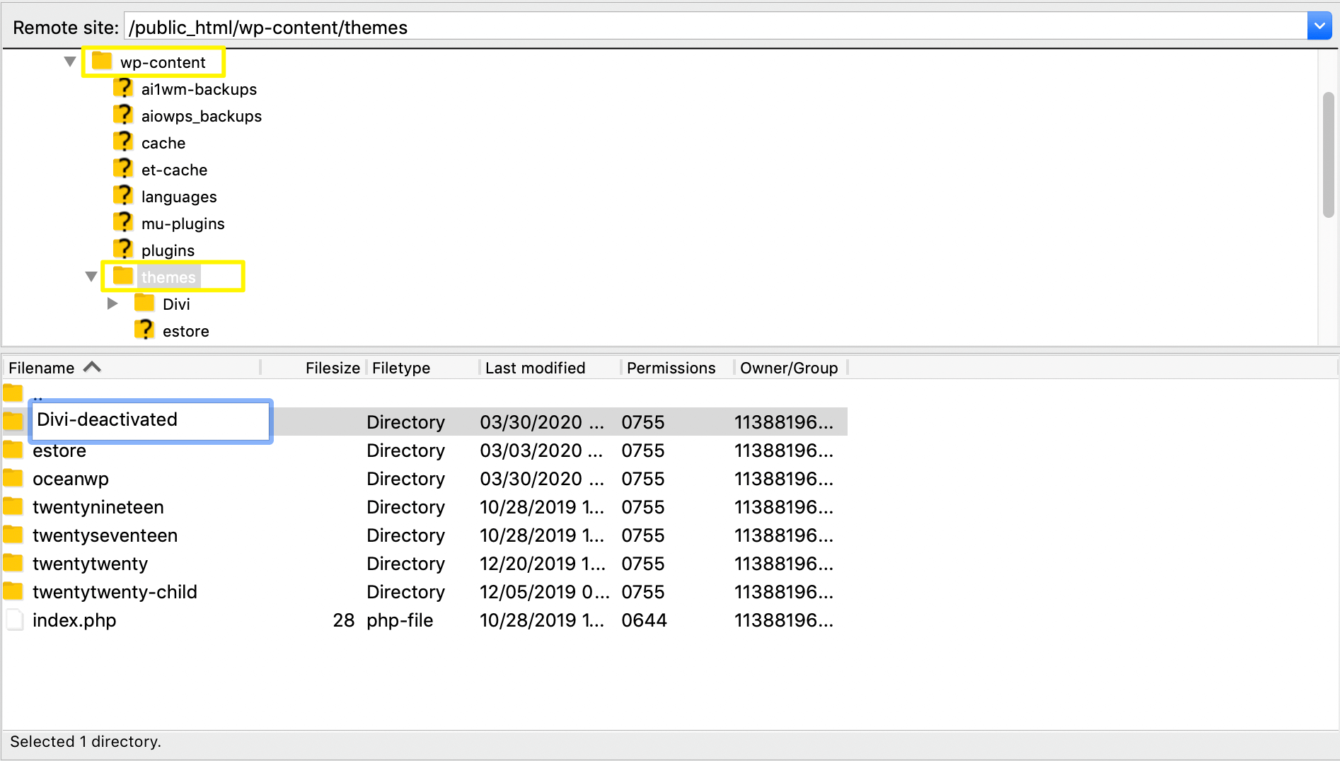 Cambiar el nombre de los directorios de temas en FileZilla.