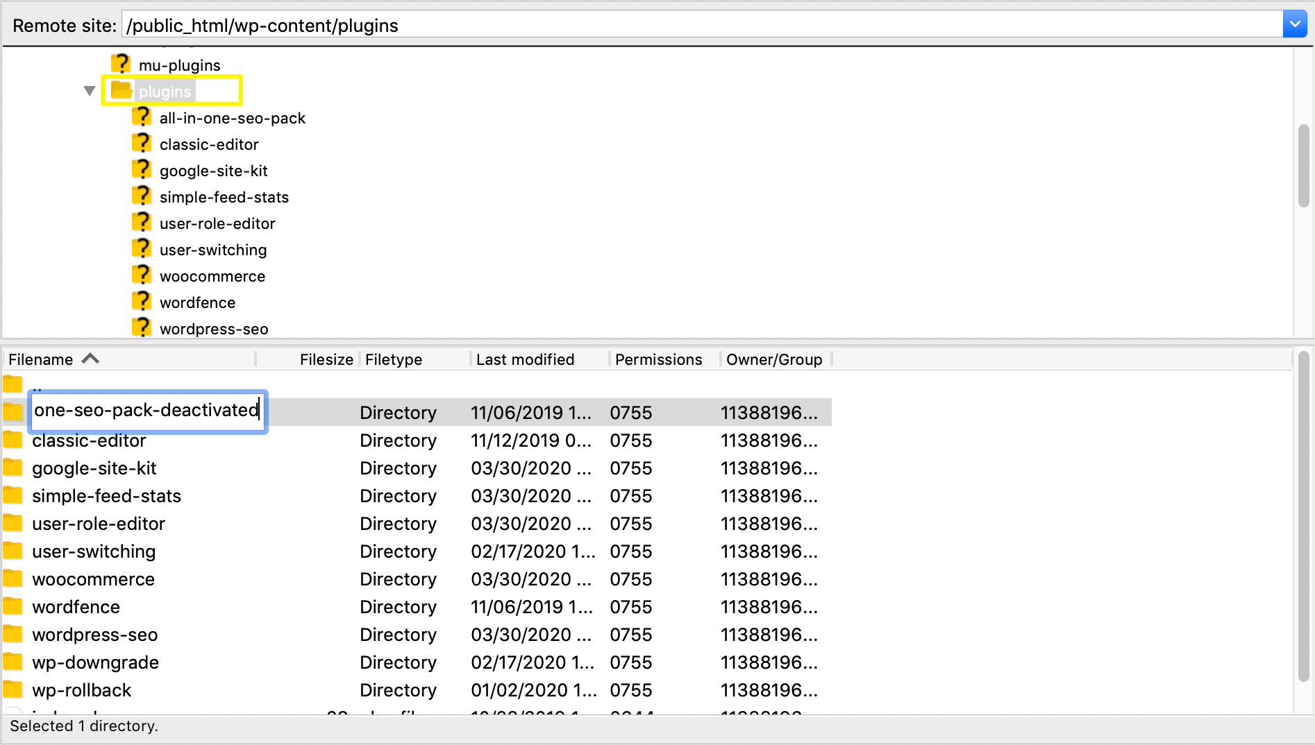 Cambie el nombre de los directorios de complementos en FileZilla.