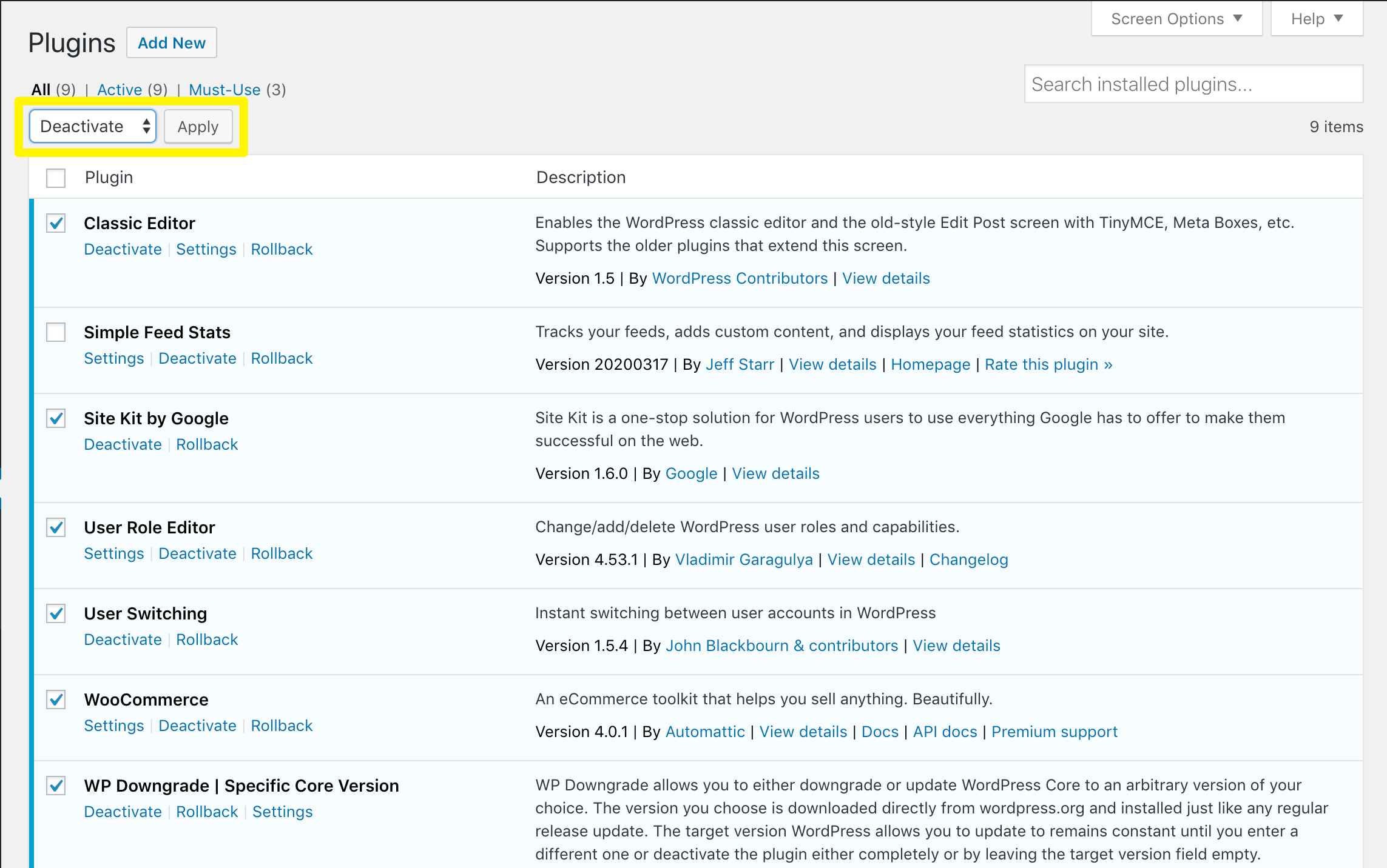 Desactivación masiva de plugins en WordPress.