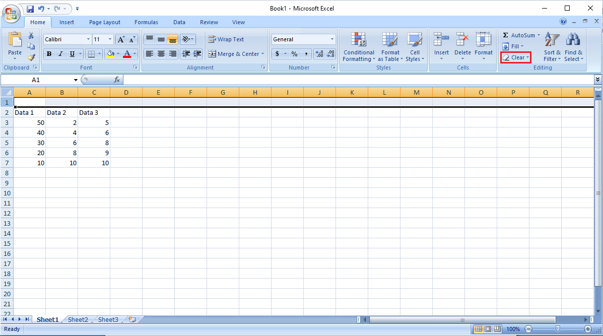 Vaya al menú Edición en la pestaña Inicio y haga clic en la opción Borrar.  excel no puede insertar nuevas celdas