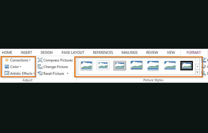 Ajustar y Estilos de imagen en la pestaña Formato