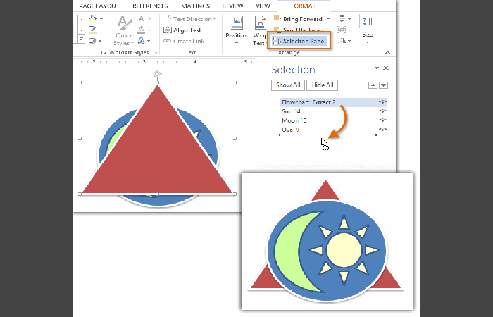 Panel de selección en la pestaña Formato