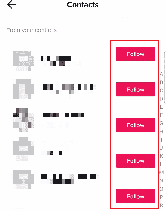 toque Seguir junto al perfil de TikTok deseado que desea seguir desde sus contactos |  encontrar a alguien por nombre de usuario en TikTok