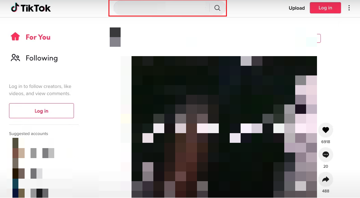 Haga clic en la barra de búsqueda de la parte superior |  encontrar a alguien por nombre de usuario en TikTok