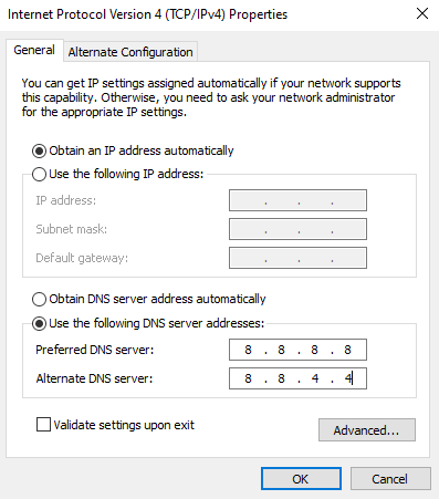 Seleccione el icono Usar las siguientes direcciones de servidor DNS.  Arreglar High Ping en League of Legends