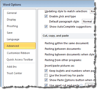 Selección de sección avanzada