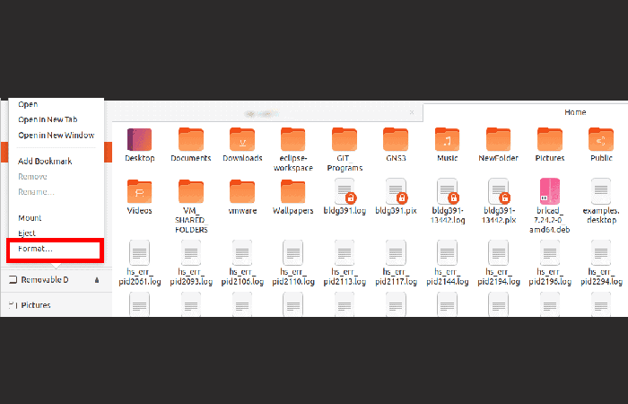 Unidad USB listada en el administrador de archivos