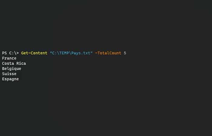 Get-Content "C:  TEMP  Pays txt" -TotalCount 5