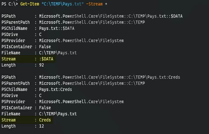 Add-Content -Path "C:  TEMP  Pays txt" -Stream Creds -Value "Password"