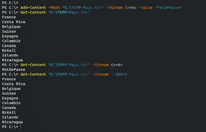 Add-Content -Path "C:  TEMP  Pays txt" -Stream Creds -Value "Password"