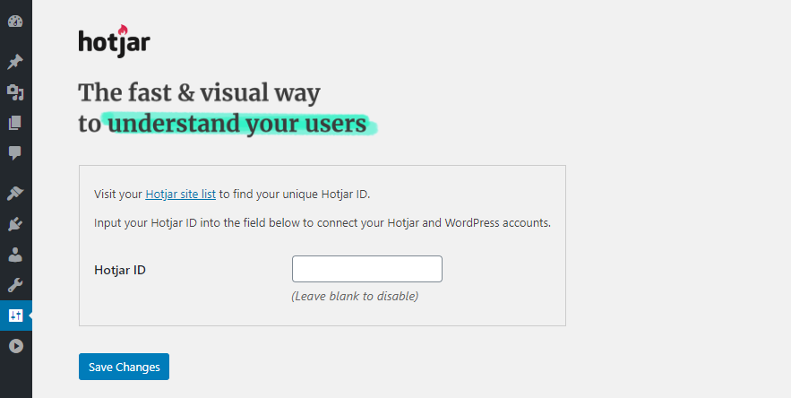 Ingresando el ID del sitio de Hotjar.