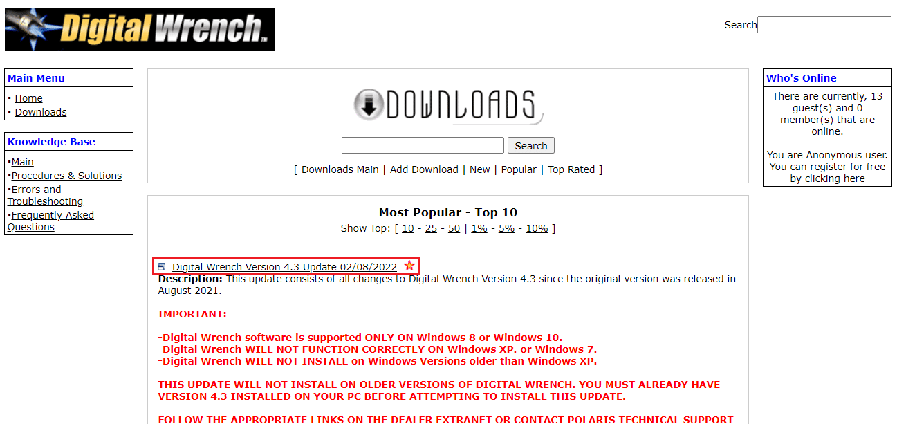 Página de descarga del software Polaris Wrench |  Cómo restablecer Check Engine Light en Polaris Ranger 1000