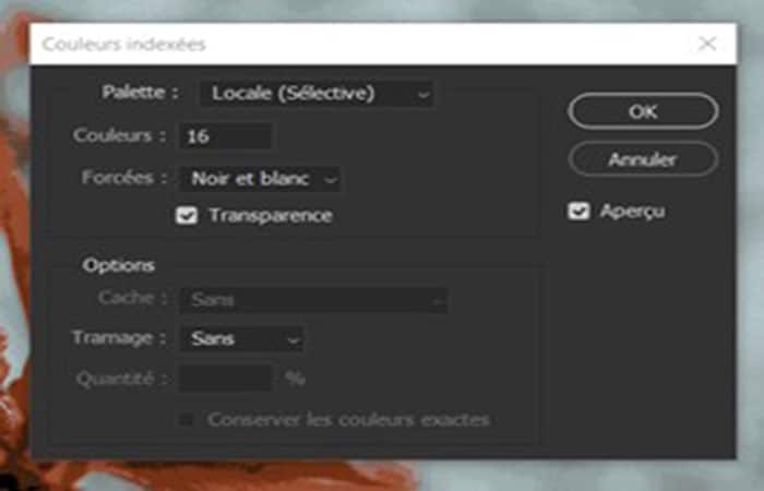 Figura 3. Cuadro de diálogo "Colores indexados" de Photoshop