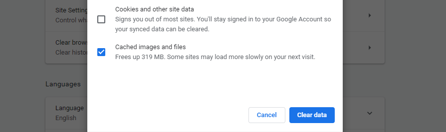Limpie imágenes y archivos almacenados en caché en Chrome.