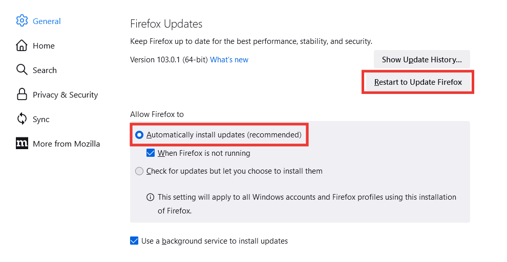 haga clic en reiniciar para actualizar Firefox y también active la opción de instalar actualizaciones automáticamente haciendo clic en él. Cómo arreglar la página de carga del problema de Mozilla Firefox