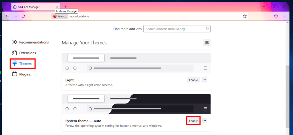 habilite el tema del sistema en el menú de temas de Firefox. Cómo arreglar la página de carga del problema de Mozilla Firefox