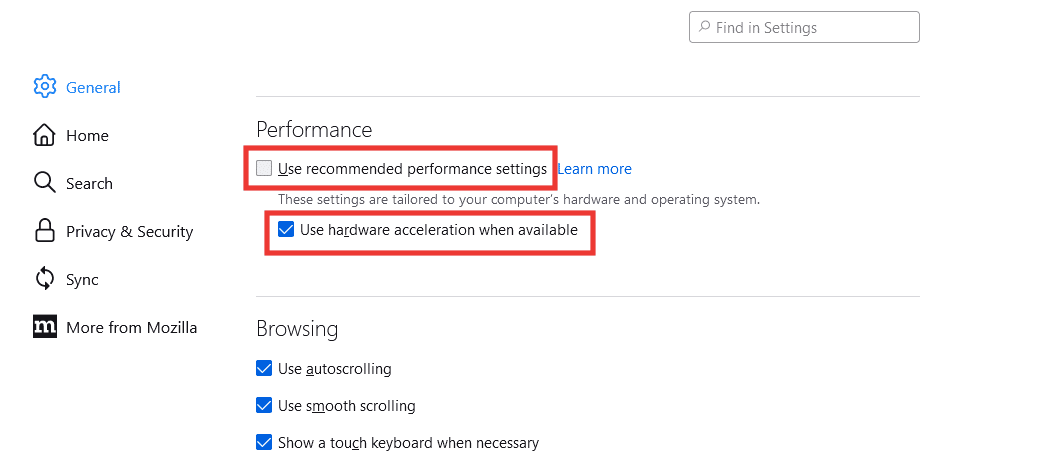 desmarque la opción de usar la configuración de rendimiento recomendada y use la aceleración de hardware cuando esté disponible. Cómo arreglar la página de carga del problema de Mozilla Firefox