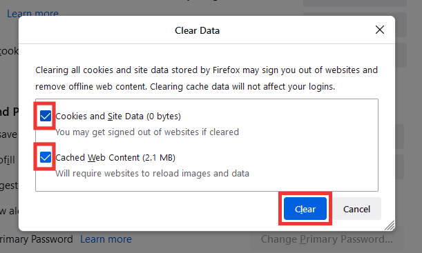 revisa las opciones de cookies y contenido web en caché y haz clic en borrar