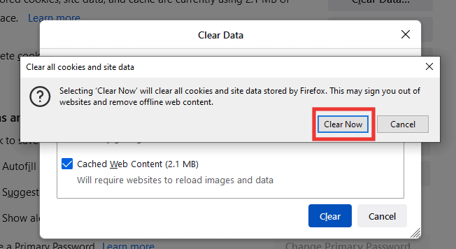 haga clic en borrar ahora para eliminar las cookies y el caché
