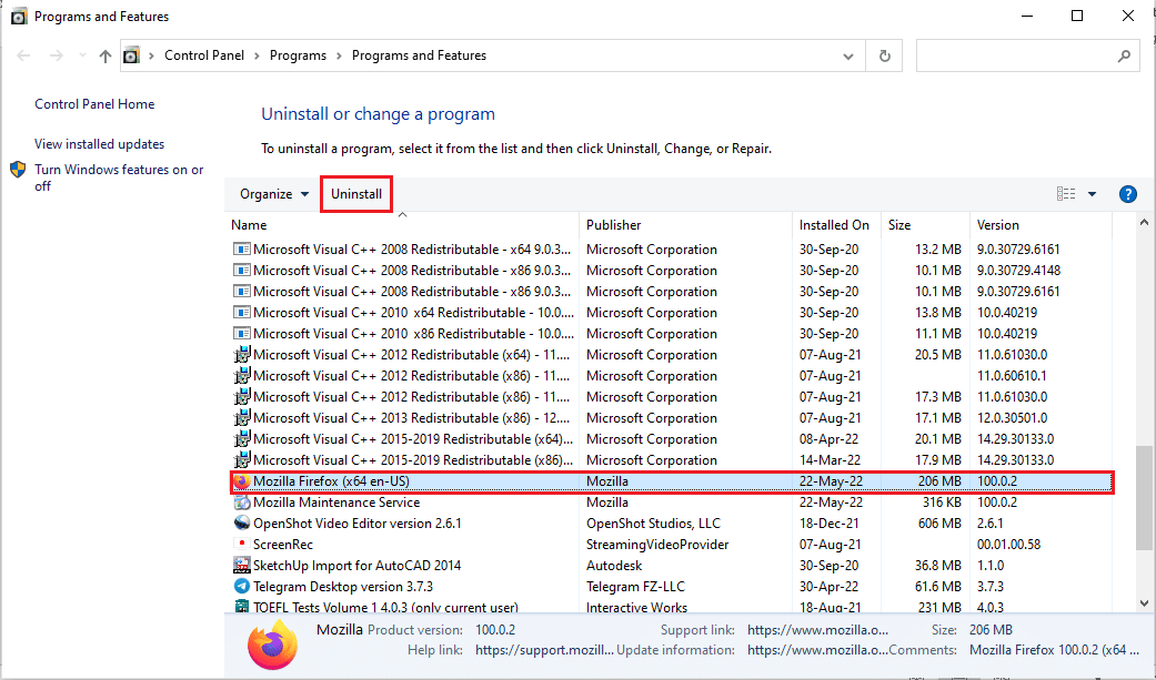 Seleccione Mozilla Firefox y haga clic en el botón Desinstalar