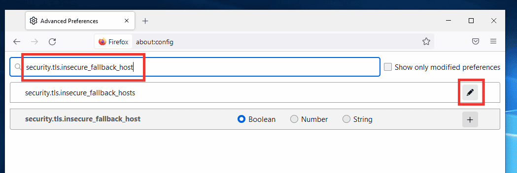 escriba security.tls.insecure host alternativo en la barra de direcciones de Firefox