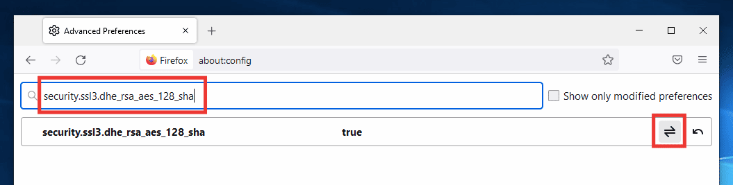 pegue security.ssl3.dhe rsa aes 128 sha en el cuadro de diálogo de búsqueda y haga clic en el icono de alternar para cambiar el valor a falso