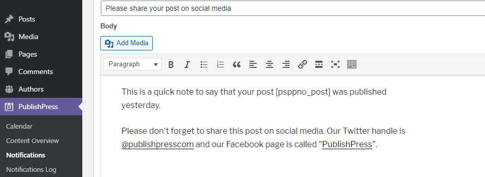 Edición del contenido de las notificaciones.