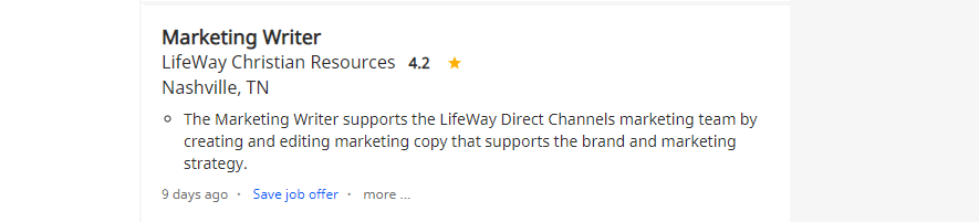 Ejemplo de oferta de trabajo de redacción publicitaria de marketing.