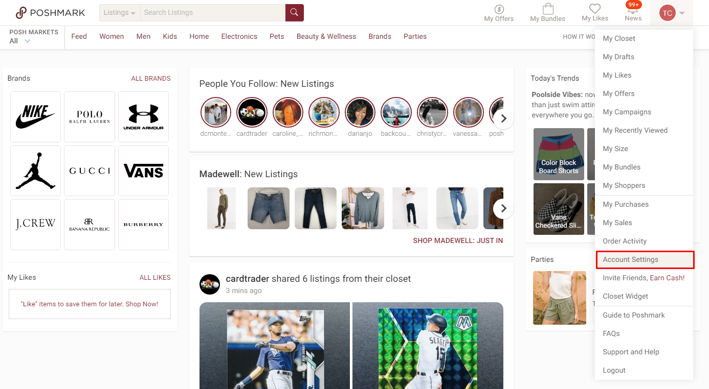 En el menú, seleccione Configuración de la cuenta.  |  www Poshmark com inicio de sesión