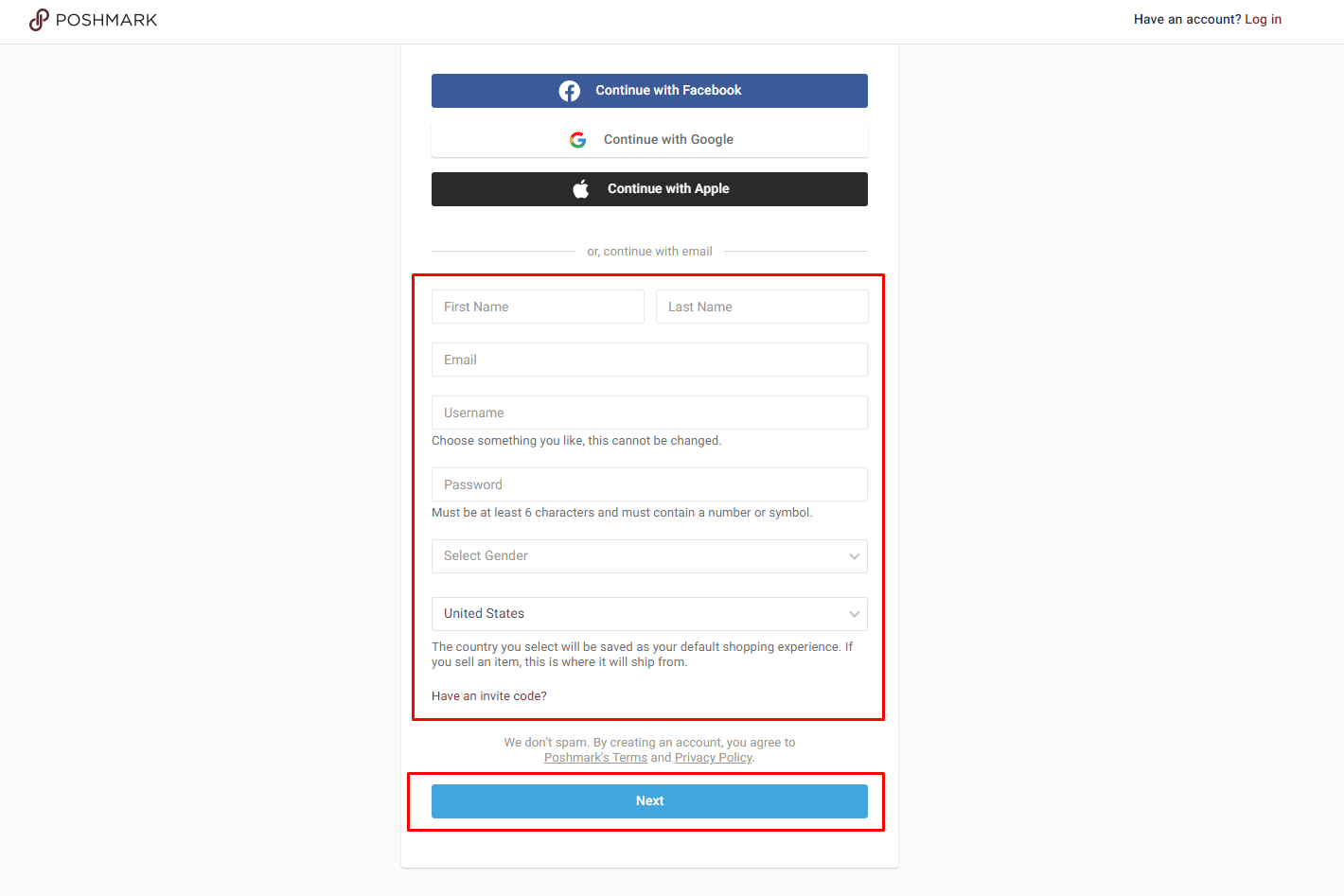 Ingrese los detalles requeridos y haga clic en Siguiente |  www Poshmark com inicio de sesión