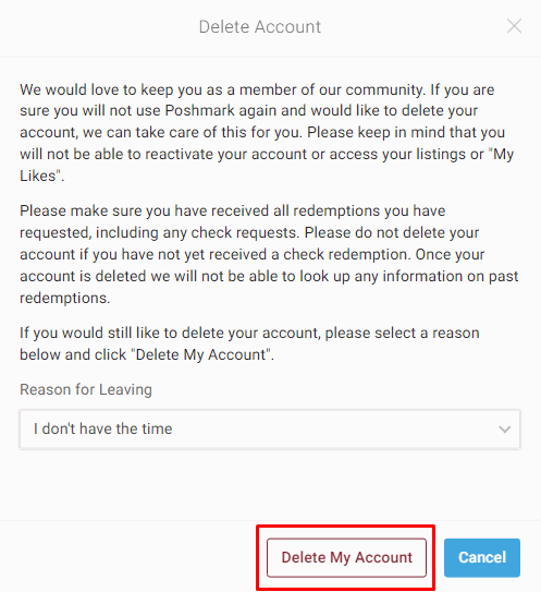 Haga clic en Eliminar mi cuenta para confirmar la eliminación de la cuenta de Poshmark |  www Poshmark com inicio de sesión