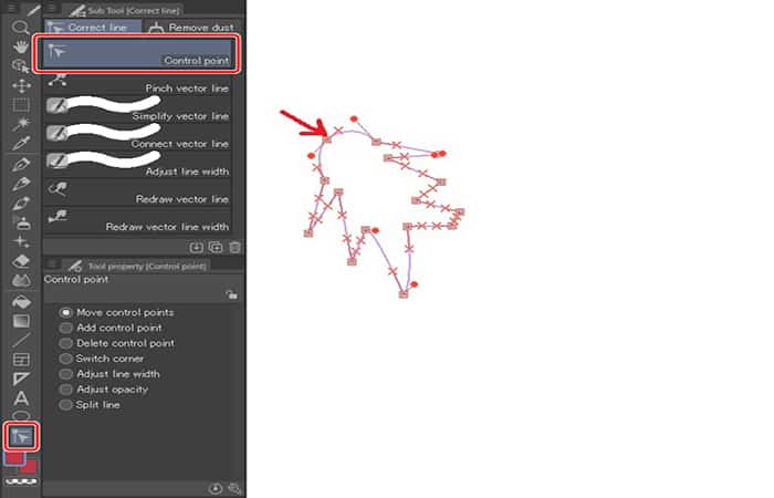 Línea correcta> Punto de control.
