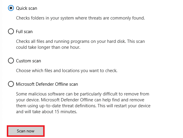 Elija una opción de escaneo según su preferencia y haga clic en Escanear ahora. Arreglar Internet sigue cayendo en Windows 10