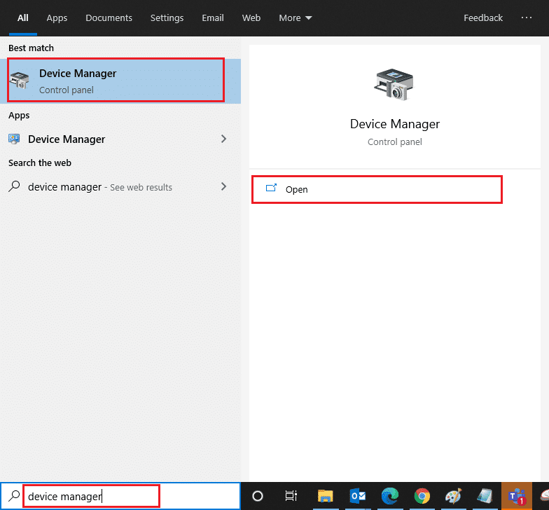 Inicie el Administrador de dispositivos escribiéndolo en el menú de búsqueda de Windows 10 y haciendo clic en Abrir