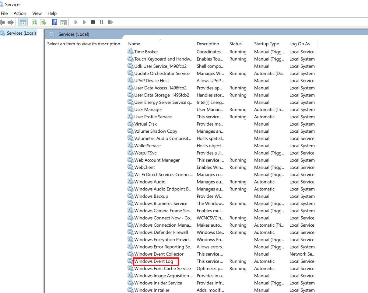 desplácese hacia abajo y busque el servicio Windows EventLog.