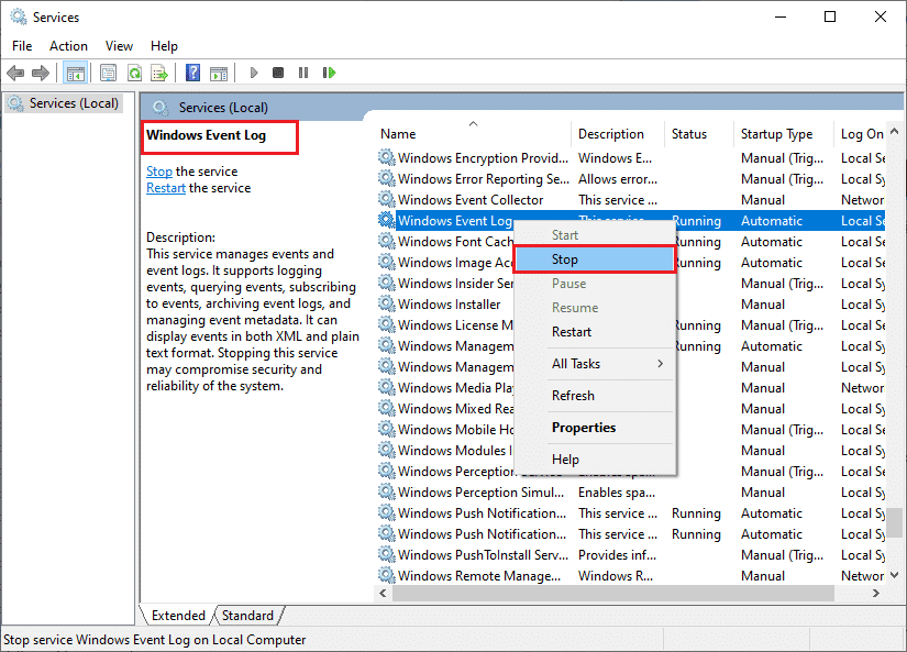 Si el Estado está configurado en En ejecución, haga clic con el botón derecho en el servicio y seleccione la opción Detener. Espere un momento y luego haga clic en Iniciar nuevamente. Arreglar Internet sigue cayendo en Windows 10