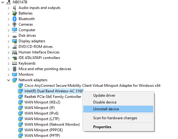 Ahora, haga clic derecho en el controlador y seleccione Desinstalar dispositivo. Arreglar Internet sigue cayendo en Windows 10