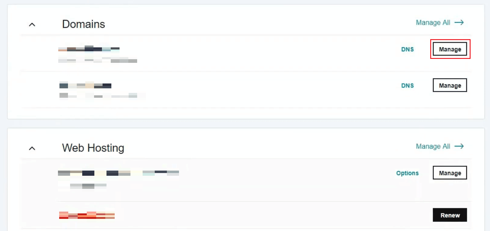 En la sección Dominios, haga clic en Administrar para el dominio deseado