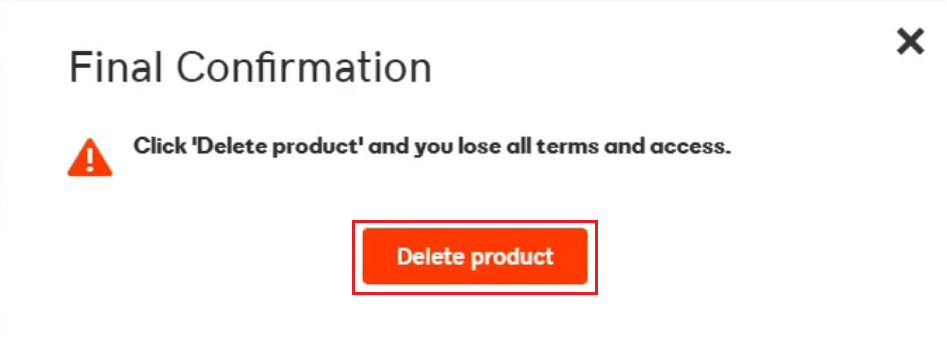 Será redirigido nuevamente a la página Renovaciones y facturación.  Aquí, haga clic en Eliminar producto para confirmar el proceso