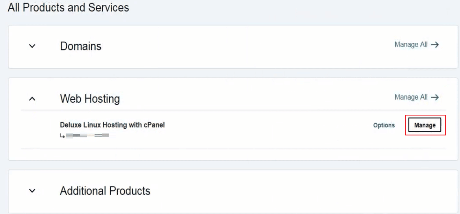 Desde la sección Alojamiento web, haga clic en Administrar para el alojamiento web deseado