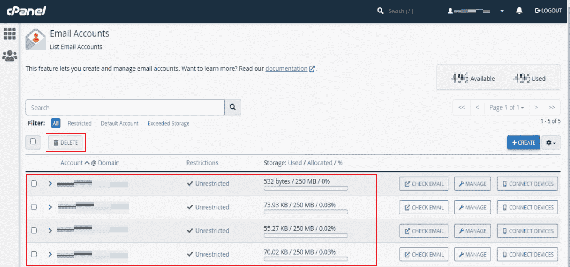 Seleccione la cuenta de correo electrónico deseada de la lista y haga clic en ELIMINAR