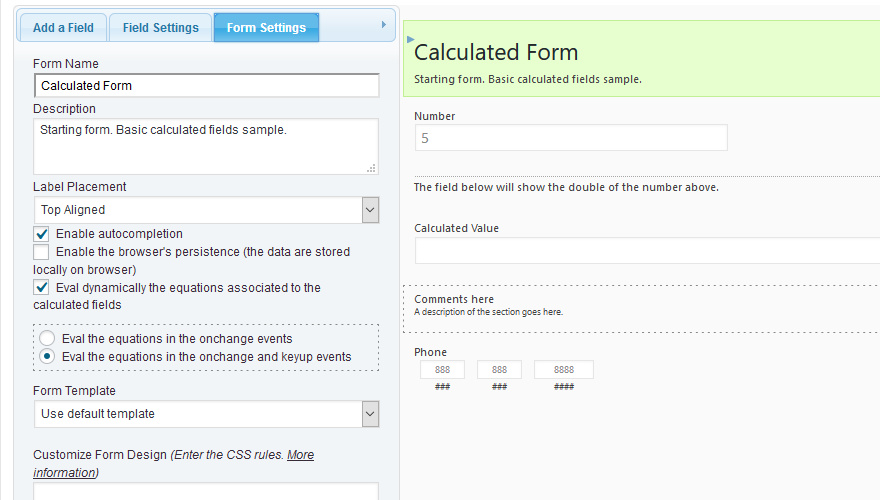 Formulario de campos calculados
