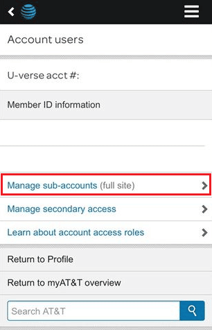 Toque Administrar subcuentas |  Cómo eliminar una cuenta ATT |  cancelar la instalación de AT&T