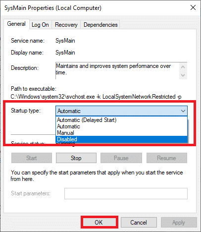Aquí, en la pestaña General, configure el Tipo de inicio en Deshabilitado en el menú desplegable