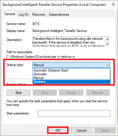 Aquí, en la pestaña General, establezca el Tipo de inicio en Deshabilitado en el menú desplegable. Solucione el alto uso de CPU del servicio SoftThinks Agent Service en Windows 10